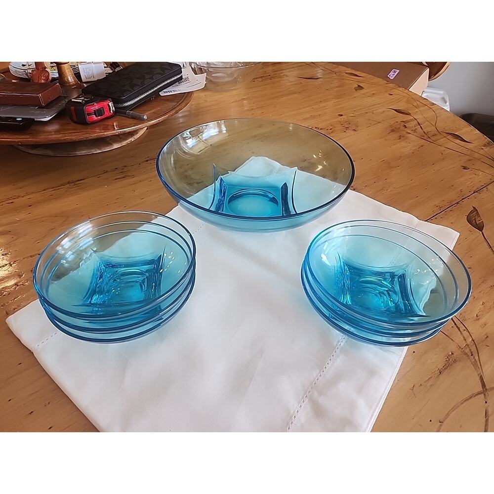 MCM Glassware Hazel Atlas Capri Colonial Azure Blue Glass Salad Serving Set